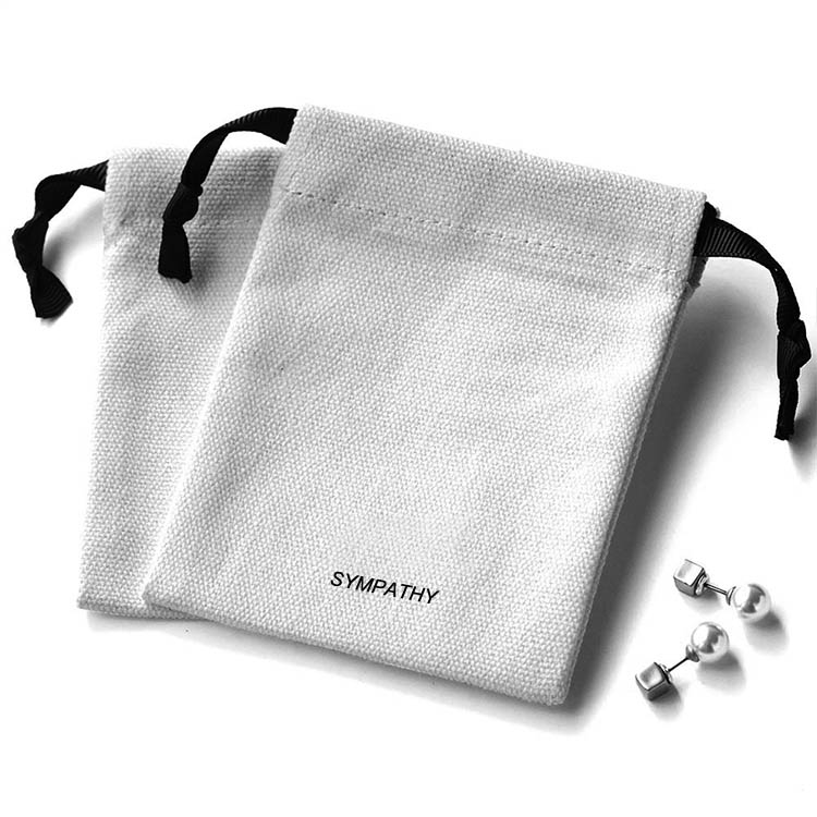 canvas drawstring gift pouch white cotton jewellery bag printed logo jewelry storage bag