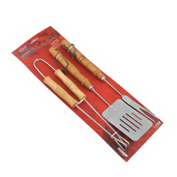 Conjunto de 3 peças de metal para churrasco com alça de bambu