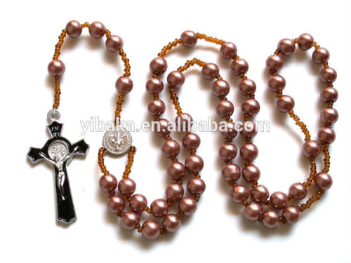 Rosary - Glass Faux PEARL Prayer Beads rosary - Crucifix Necklace