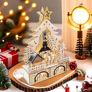 Tree Shaped Christmas House Village With Wooden Laser Cut Christmas Scene And Light Up For Christmas Gift