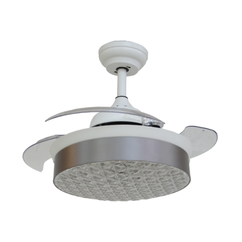 White Retractable Ceiling Fan with Silver Lampshade