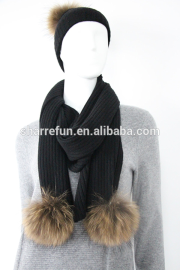 wholesale 12gg rib knitted 100% cashmere pompom scarf