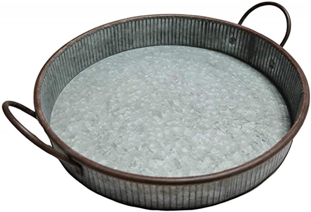 Galvanized Round Serving Tray with Handles