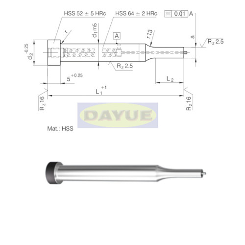 Punch with ejector pin similar to ISO 8020