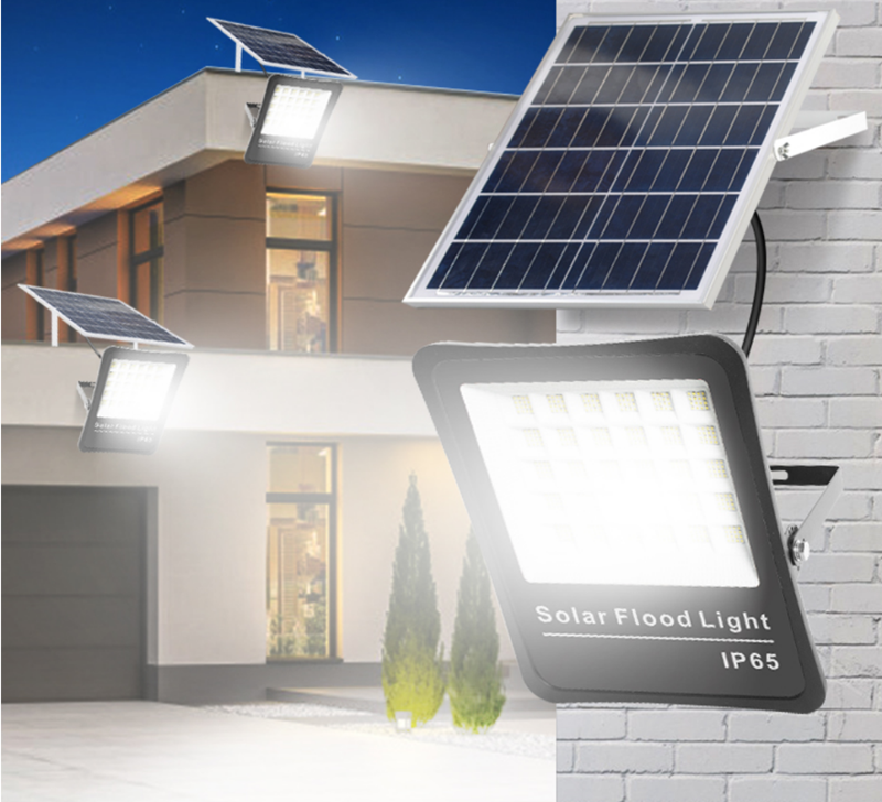 Solar flood light with solar panel