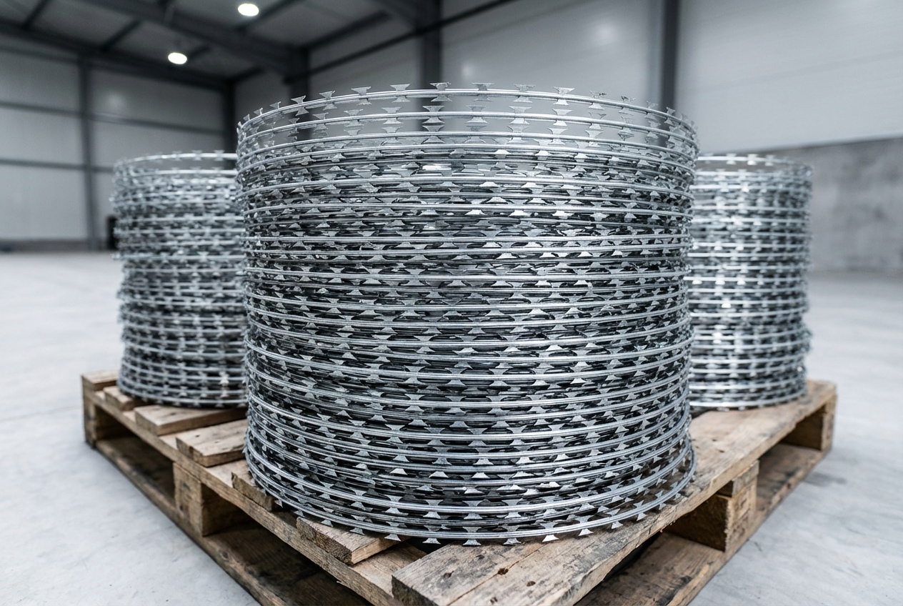 Sicurezza delle bobine di filo spinato ANJIA BTO-22 razor wire coils ready for shipment, showing hot-dipped galvanized finish
