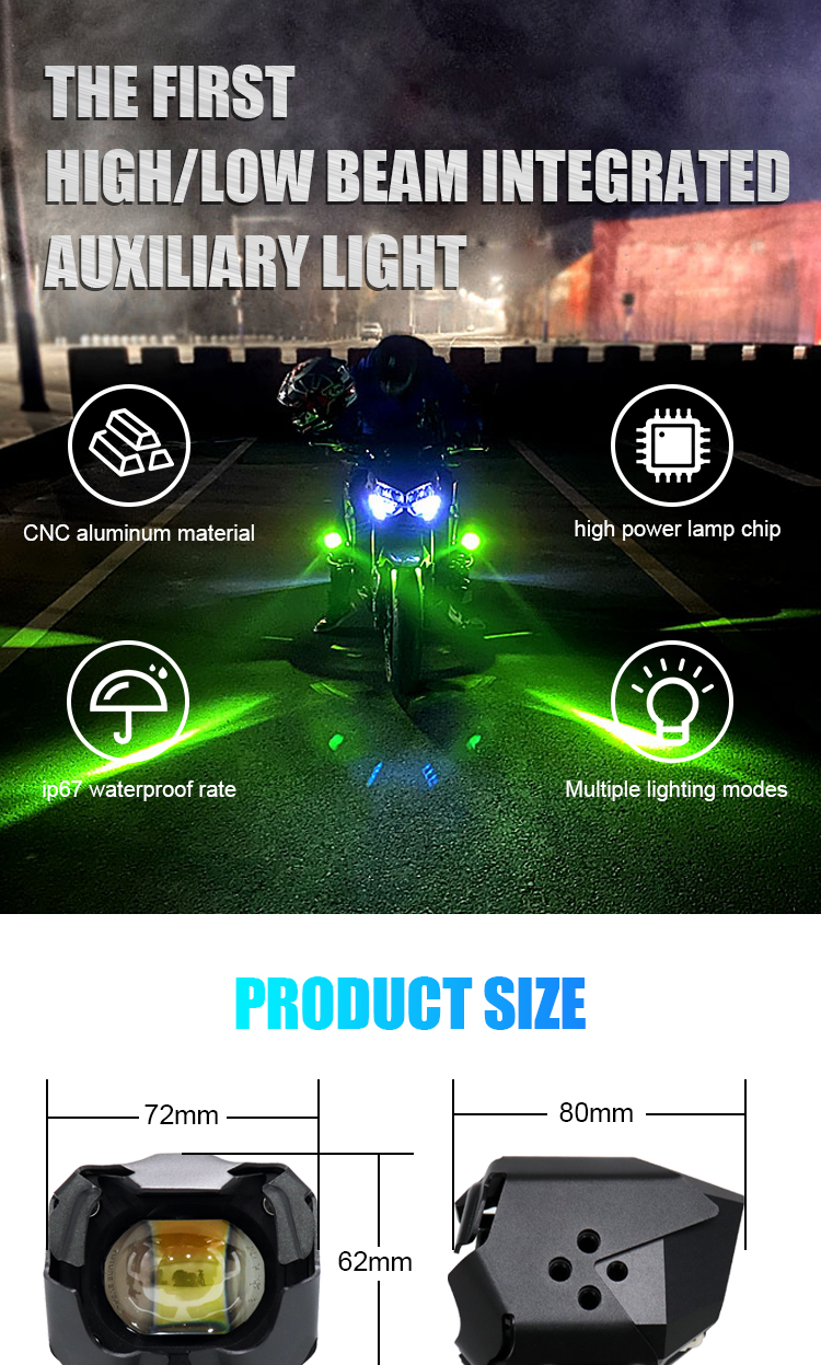 HcMotion Factory High Bow Beam 60W Superhelligkeit RGB Muti Farbe DRL Motorradspot Light Auxiliary Light LED Spotlight