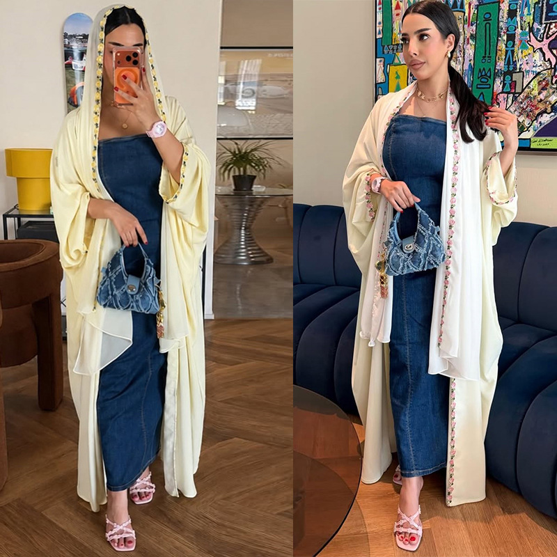 جزئیات ست ژاکت کش باف پشمی نوار گلدار باز Abaya Floral Tape Open Abaya Cardigan Set Detail