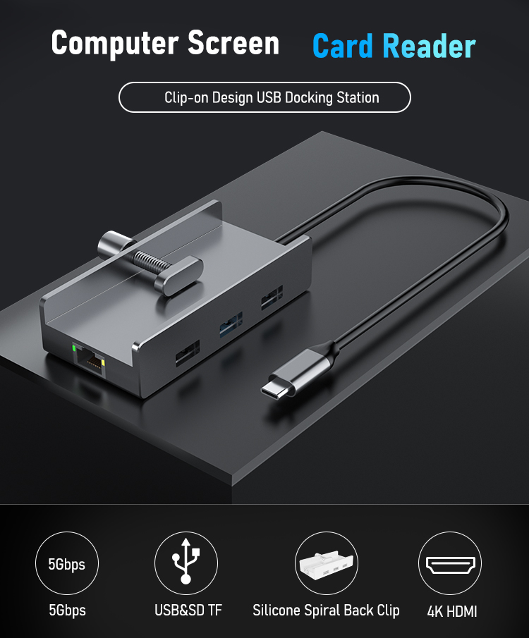 USB-C Clamp Hub Adapter Dock 8-in-1 4K HDMI