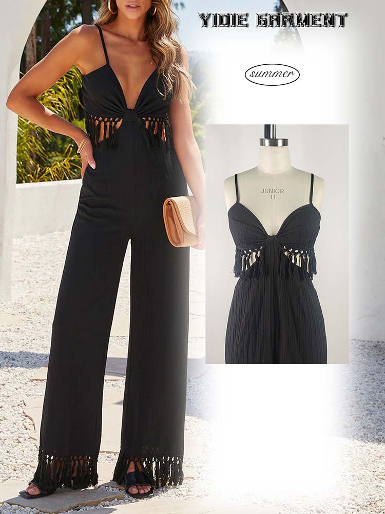 Black Tassel Fringes Open Back Wide Leg Jumpsuit