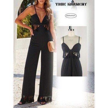 Black Tassel Fringes Open Back Wide Leg Jumpsuit