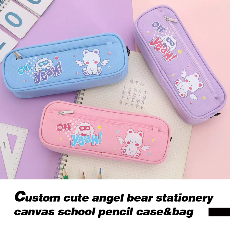 Custom cute angel bear style stationery canvas pencil case for school girls