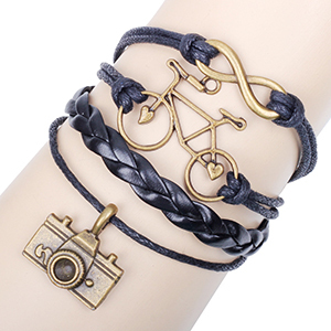 handmade DIY infinity bracelet alloy bike and camera antique bronze plating black leather wax cord wholesale infinity bracelets