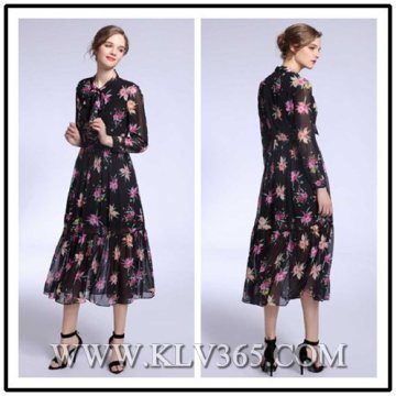Designer Laides Flower Printed Chiffon Silk Long Sleeve Dress for Summer