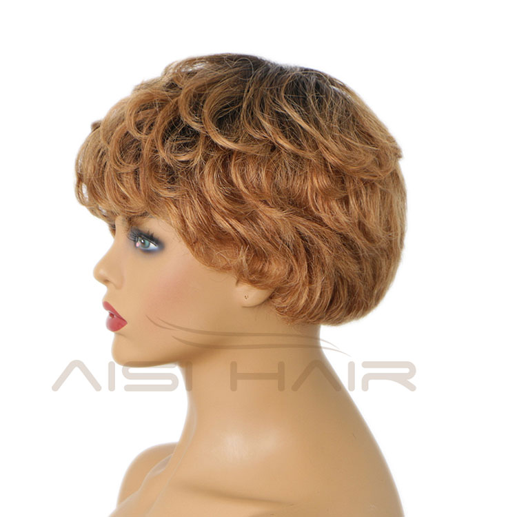 Aisi Hair Glueless Natural Kosher Wigs Brazilian In Dubai 150% Density Ombre Brown Pixie Cut Curly Wave Wig Human Hair