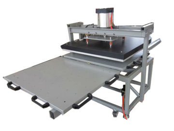 Garment printing machines for pressing heat blanks