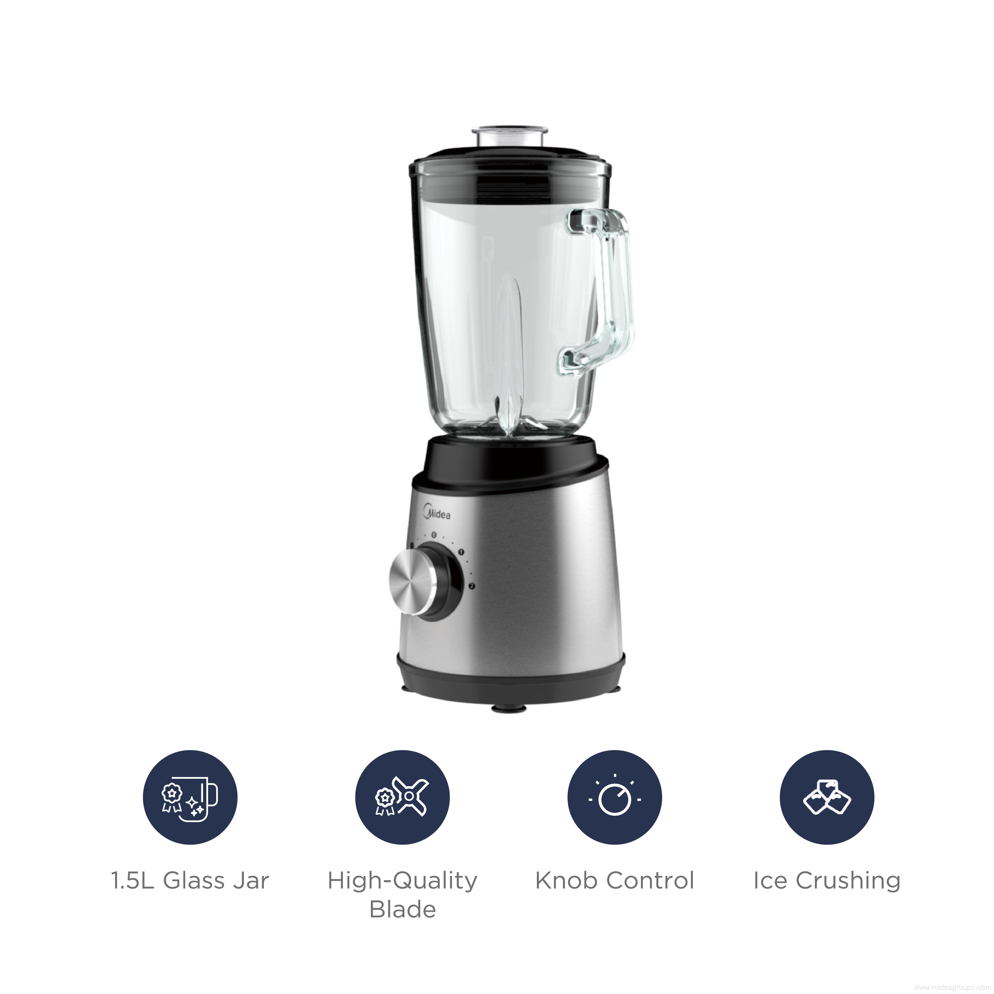 Midea Professional Countertop Blender, 1.5L Glass Jar with 4-Pointed Blade for Frozen Drinks and Smoothies