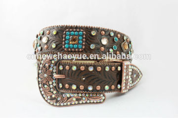 2015 New Design Western rhinestone leather belt with square conchos and crystal studed