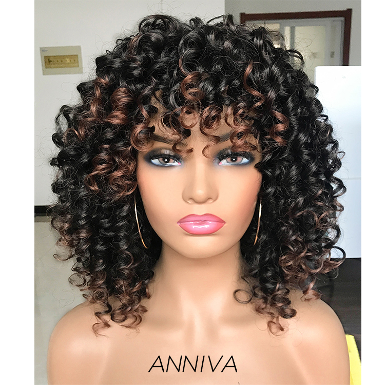 Wholesale cheap synthetic loose curly wigs for black women colorful toupee with bangs