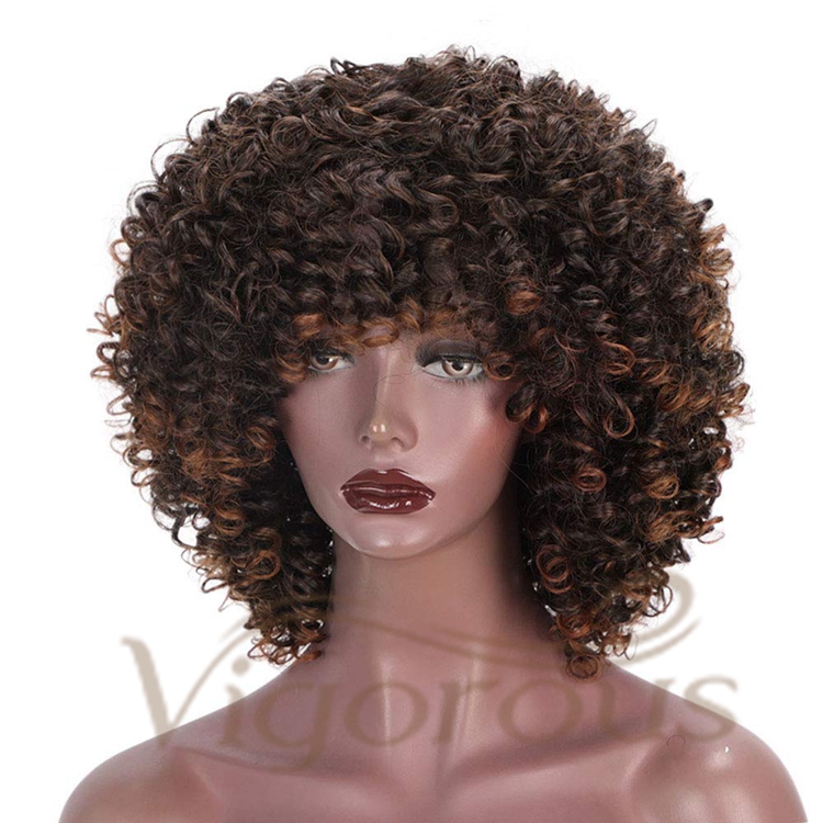 Vigorous Hot Selling Cheap Price Short Fluffy Kinky Curly Ombre Color Machine Made Cosplay For Black Women Synthetic Hair Wigs