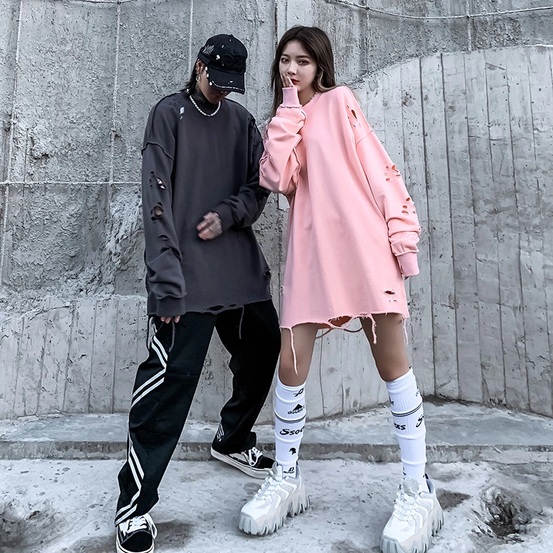 Trendy Hole Loose Couple All-Match Solid Color Hoodie