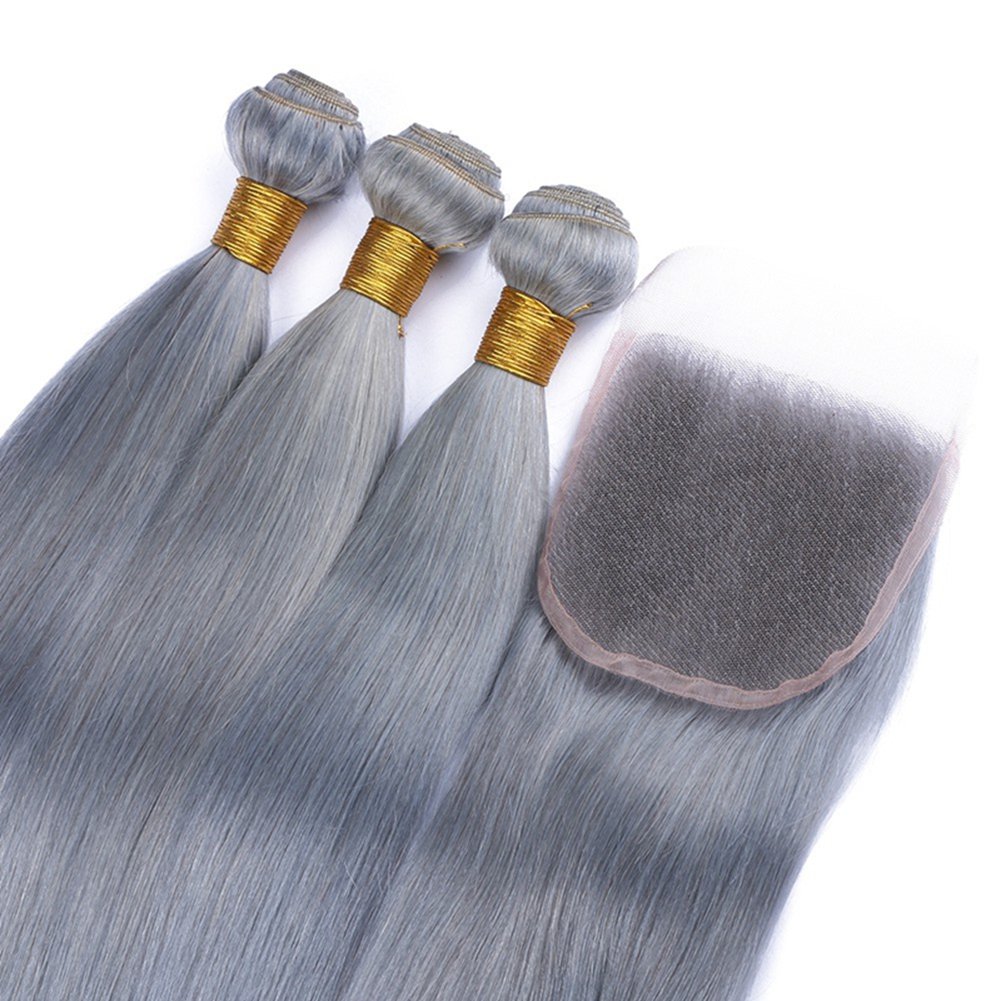 Silver Gray Human Hair Virgin Brazilian Hair Weaves 3 Bundles with Closure Straight Colored Grey Human Hair Bundle