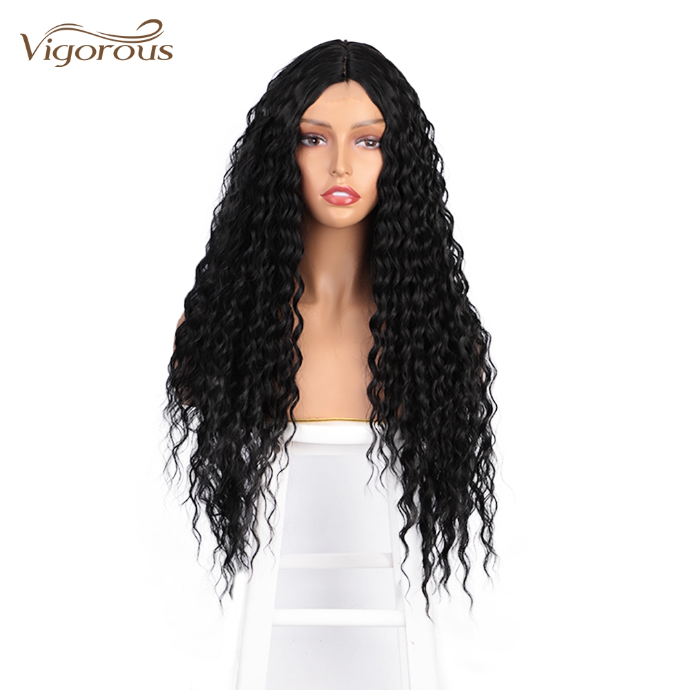 Vigorous Cheap Price Long Jerry Curl Black Heat Resistant Fiber Middle Part Natural Hairline For Black Women Synthetic Hair Wigs