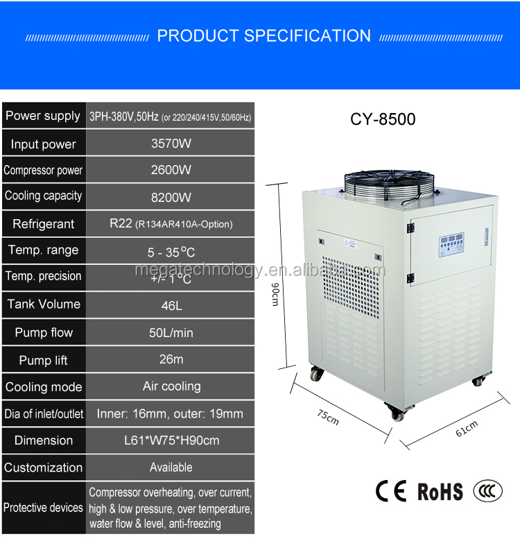 CY8500 3HP 8200W Automatic UV LED water cooler air cooled industrial water chiller for LED UV curing system