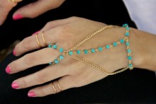 Gold Harness Slave Hand Chain Turquoise Beads Bracelet With Finger Ring