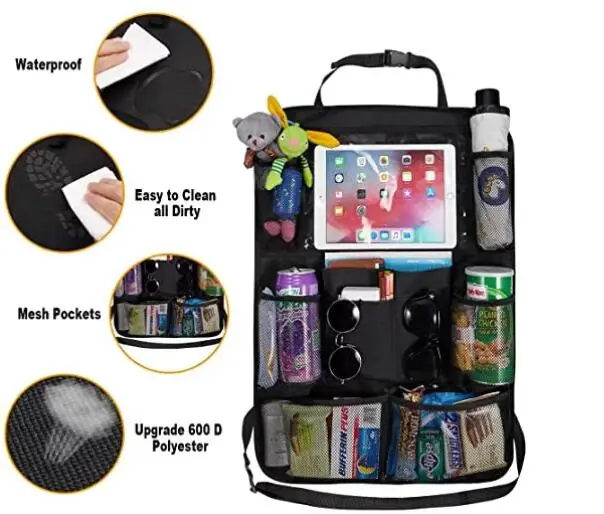 Backseat Car Organizer Kick Mats Back Seat Storage Bag with Clear Screen Tablet Holder and 9 Storage Pockets Seat Back Protector