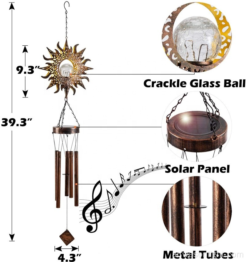 الرياح المعدنية الشمسية تتدفق من الخارج من الشمس كقطات زجاجية دافئة LED LED Solar Garden Lights مقاومة للماء أجراس الرياح في الهواء الطلق