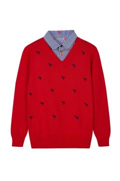 Boy's Knitted Flamingo Embroidery Shirt-Collar Pullover