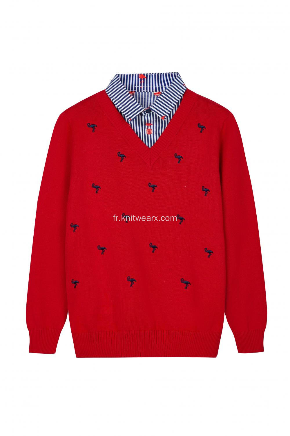 Pull col chemise en tricot pour garçon avec broderie flamant rose