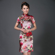 Professional Chinese Style Inkjet Rose Mulberry Silk Qipao