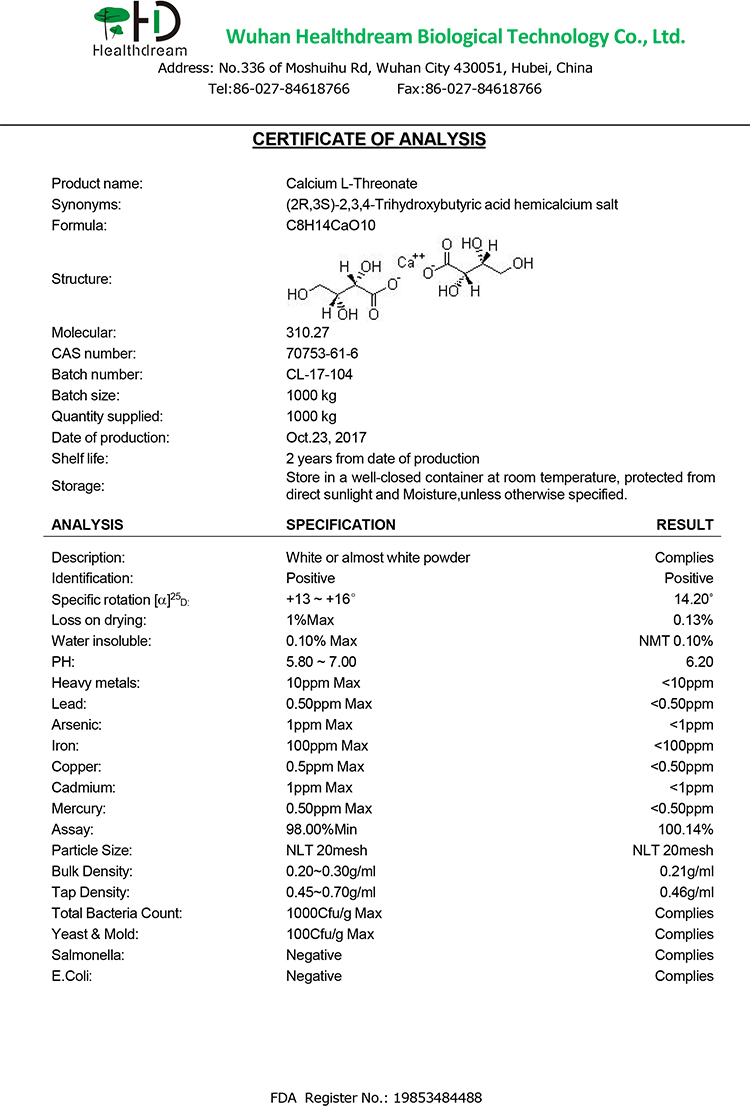 High quality cas#70753-61-6 Calcium L-Threonate/ L-Threonic Acid