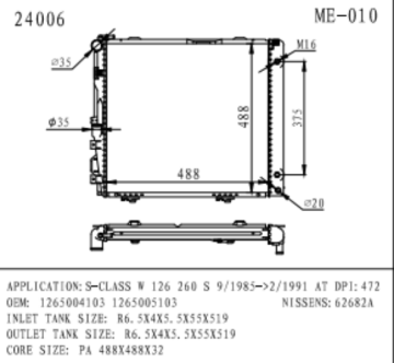 Radiator for BENZ S-CLASS W126 260 S OEM1265004103