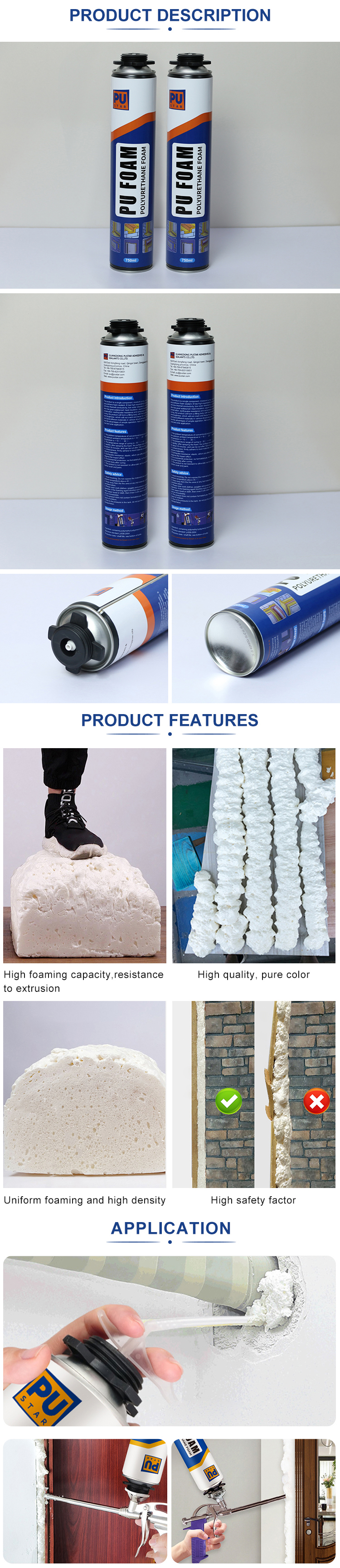 High Density Self-expanding Flexible Waterproof Fire Rated Pu Foam