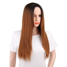 Vigorous Long Smooth Silky Straight Wig Brown Mixed Brown Ombre Wig Dark Root Synthetic High Temperature Hair Wig for Women