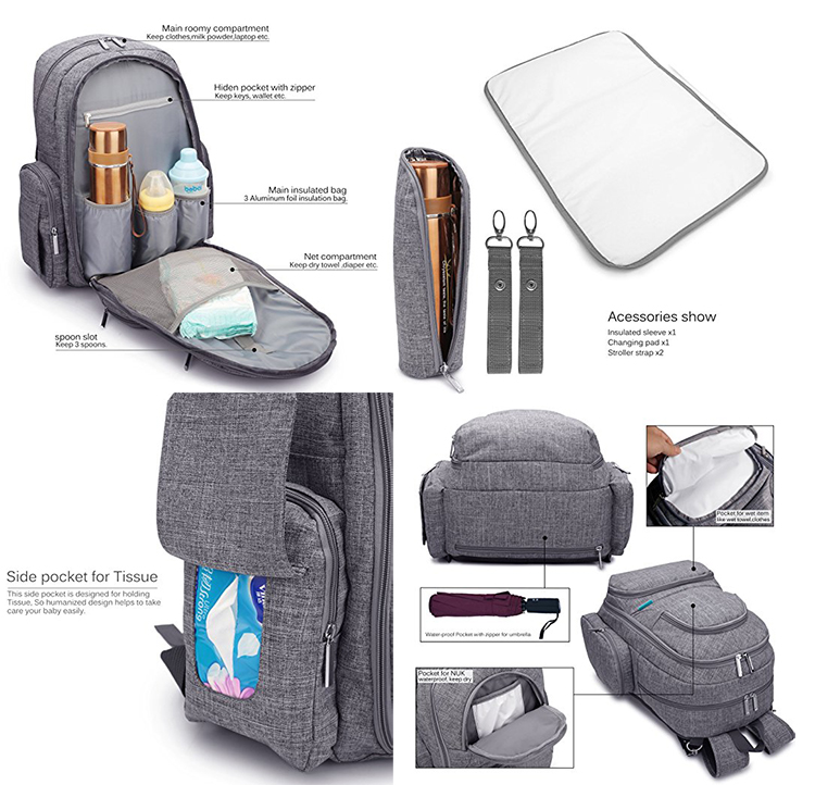 Multi-Function mummy nappy backpack diaper bag with changing pad