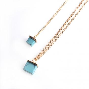 Gold Double Layer Necklace Turquoise Square Pendant