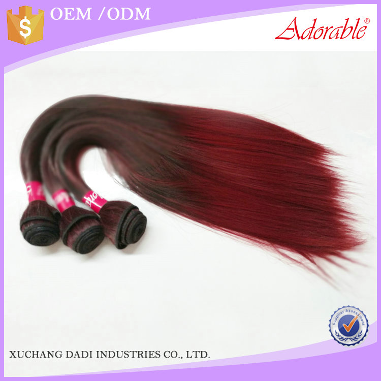 wholesale silk straight ombre two tone color hair weaving,double sewing heat resistant fiber red synthetic hair bundles T1bbug