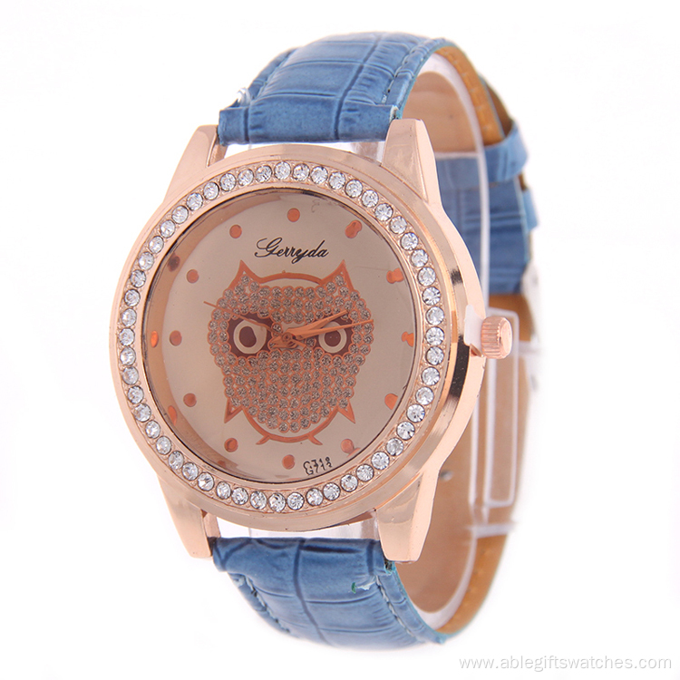 Owl Vein Leather Strap Rhinestone Quartz Watch