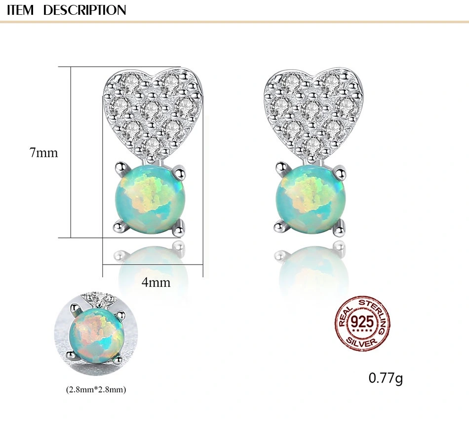 Creative Heart Shape CZ Opal 925 Sterling Silver Stud Earrings