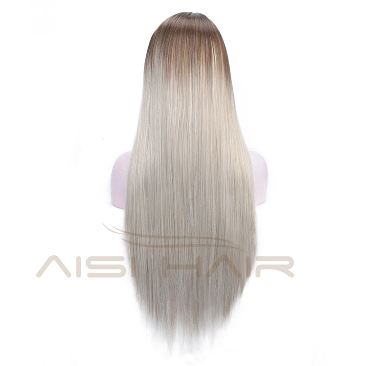 Aisi Hair Silky Straight Synthetic Lace Front Wigs Ombre Brown to Gray Heat Resistant Wigs Lace Front Middle Part Wig for Women