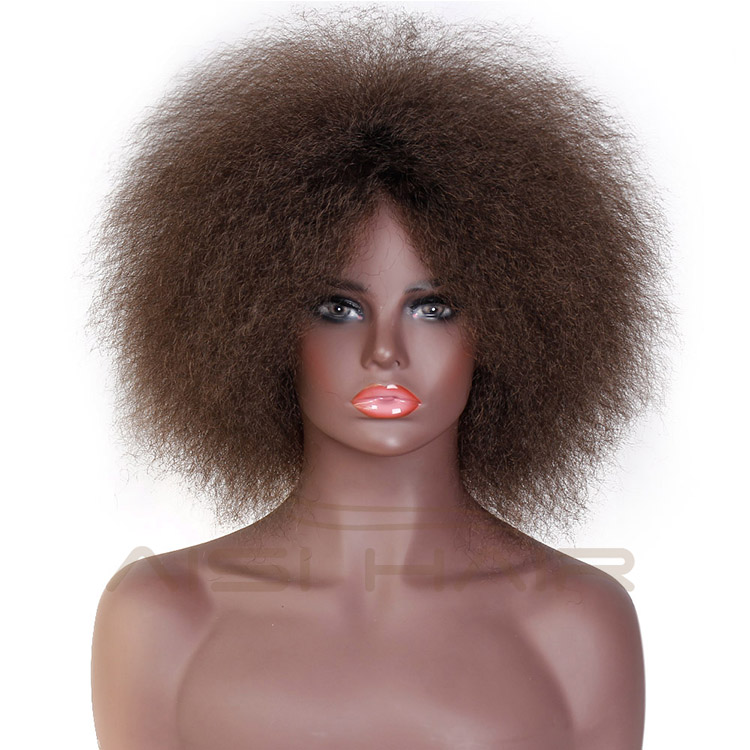 Good Quality Afro Kinky Curly Dark Brown Short Fluffy Hair Synthetic Fiber Cosplay Wigs for Black Women