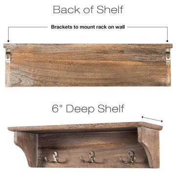 Wood Entryway Wall Floating Shelf With Hooks