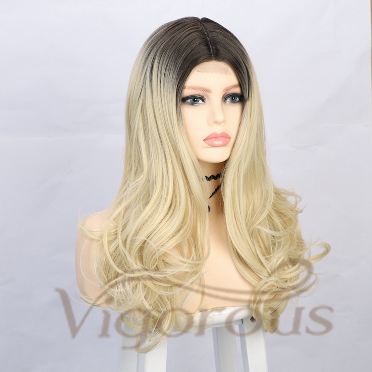 Vigorous Wholesale Hot Selling Long Body Wave Ombre Blonde Middle Part Small Part Lace For Black Women Synthetic Hair Wigs