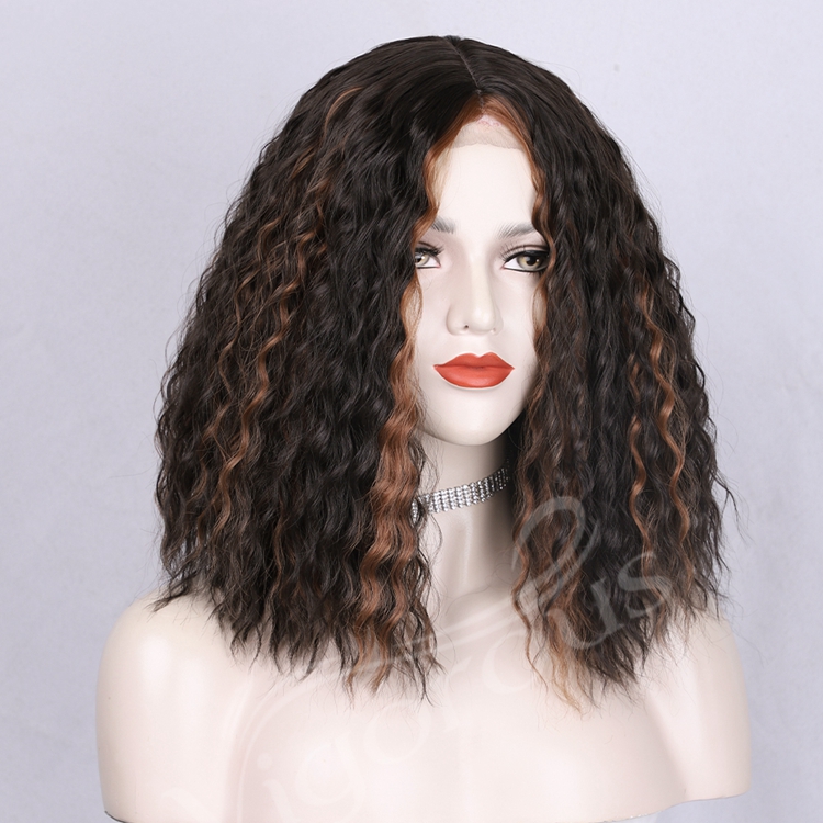 Swiss Lace Afro Deep Curly Closure Bob Short Mixed Black Brown Pre Plucked Synthetic Hair Wigs For Women Sale