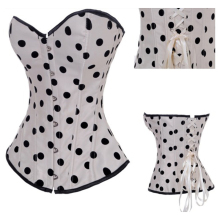 2017 Lace Up Back Button Front Closure White Satin Black Polka Dot Corsets And Bustiers Women Corsets Overbust Corpetes