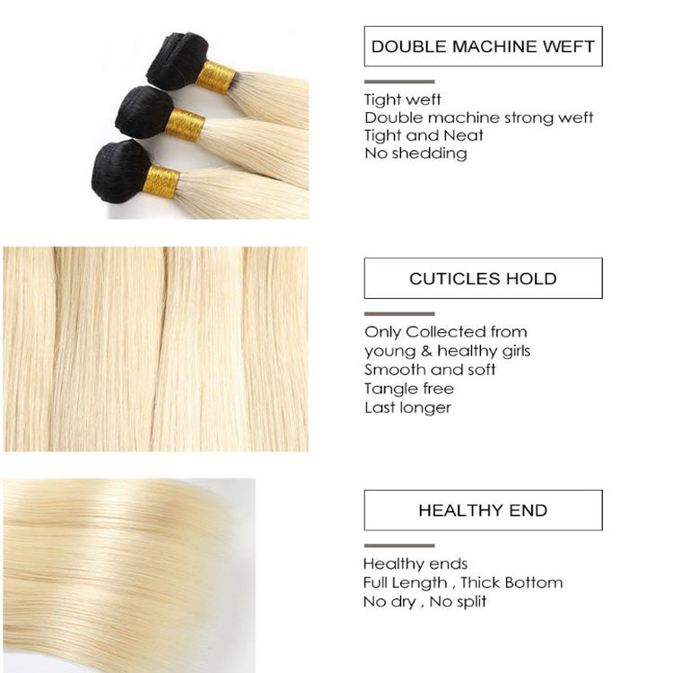 Lsy Wholesale Hair Weave  Pre Colored  613 Blonde Dark Black Root Human Hair Peruvian Straight Wave With Closure